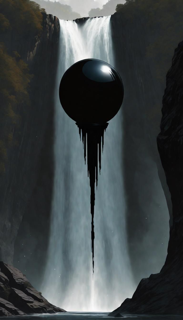 Obsidian Orb Levitates Over Dark Waterfall