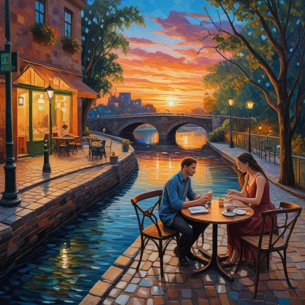 Romantic River Cafe Sunrise in Neo-Expressionist Style
