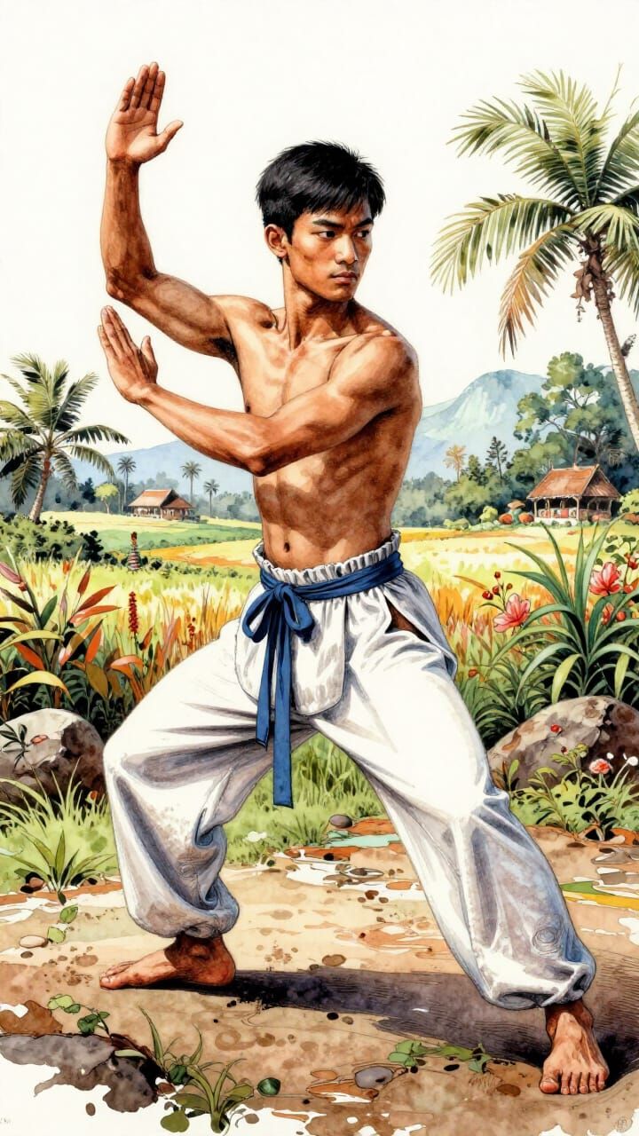 Toned Young Man Training Tai Chi in Indian Countryside