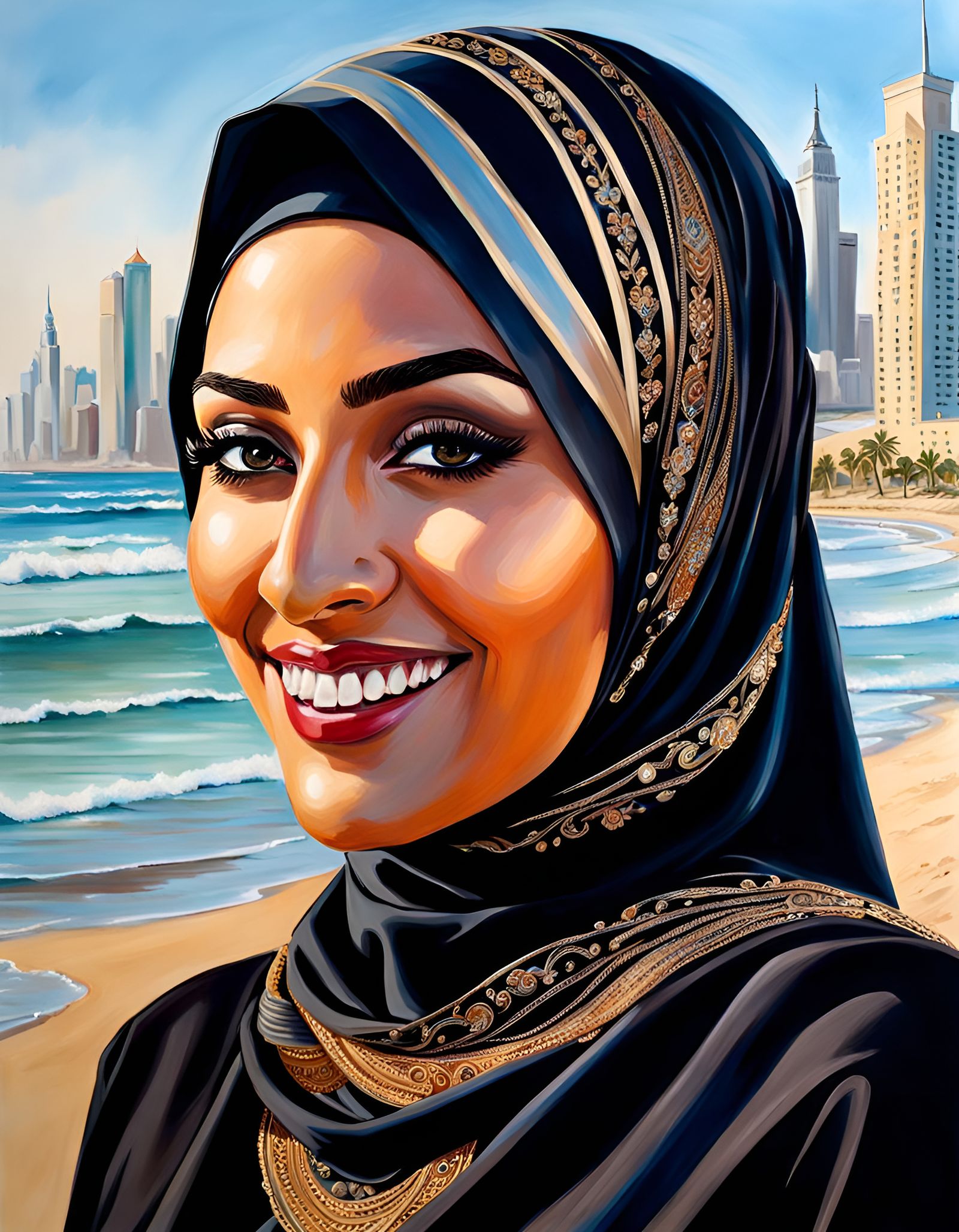 Elegant Hijabi Woman in Sport-Burqini on Beach