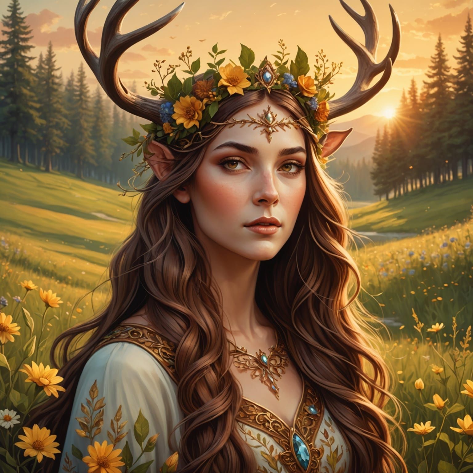 Elven Woman with Antlers in Golden Meadow