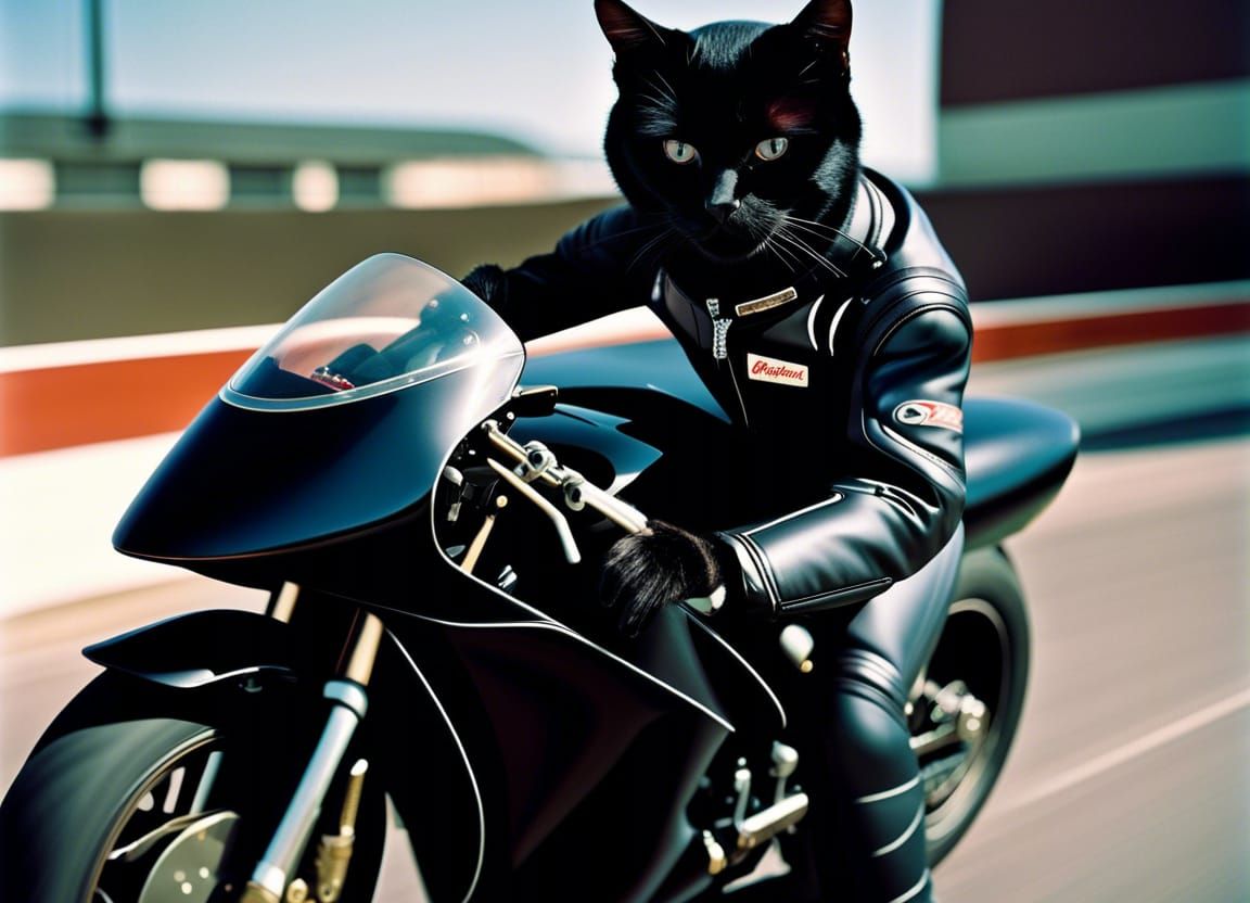 Black Cat MotoGP Rider on Motorcycle, Photorealistic Film
