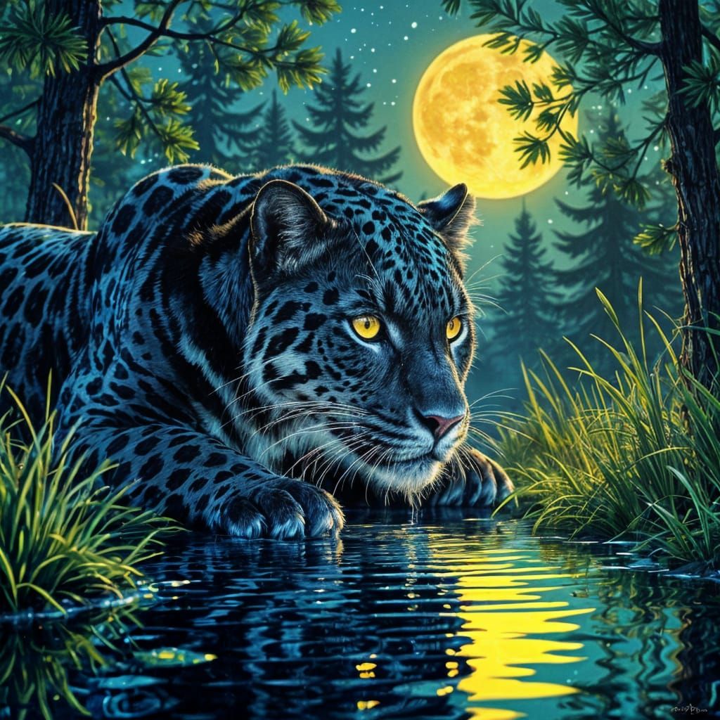 Mirrored Jaguar in Dark Fantasy Forest
