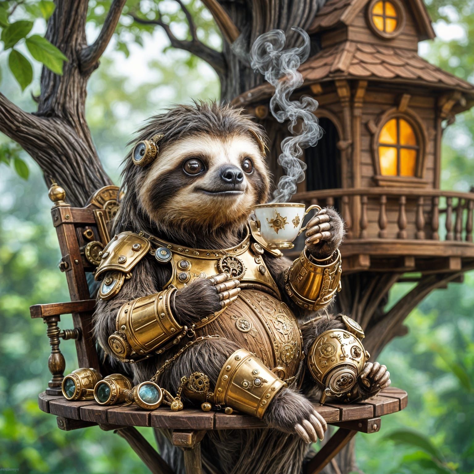 Steampunk Sloth with Gears Sips Tea in Victorian Treehouse