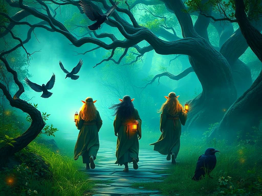 Mystical Elves Wander Through a Fantastical Forest at Dusk