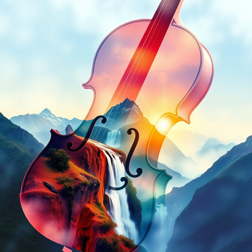Violin Landscape: Watercolor Silhouette with Mountain Vista