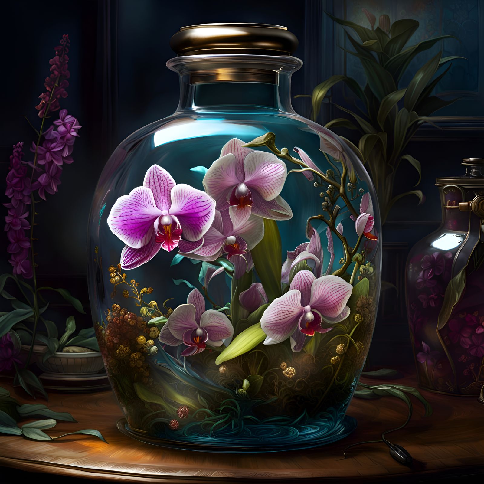 Orchid in a glass terrarium