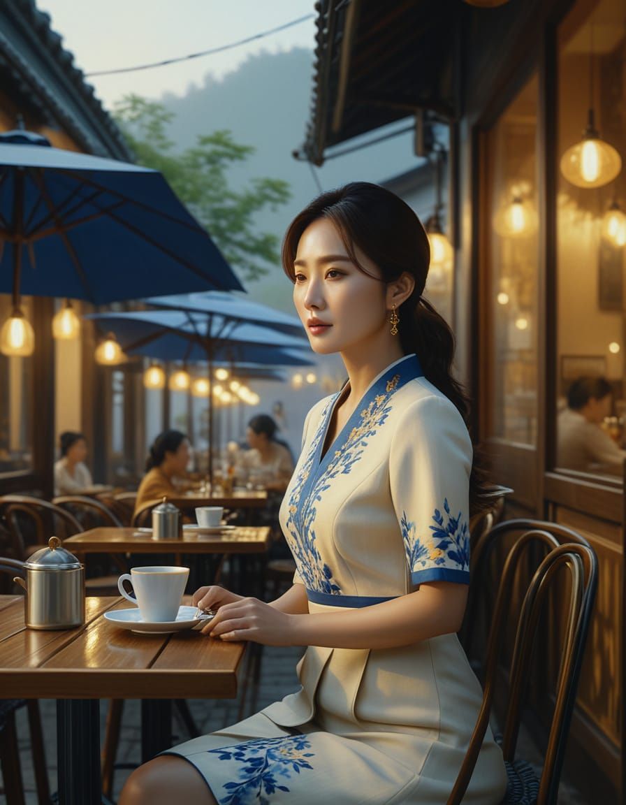 Korean Woman at Cafe: Oil Painting in Golden Light