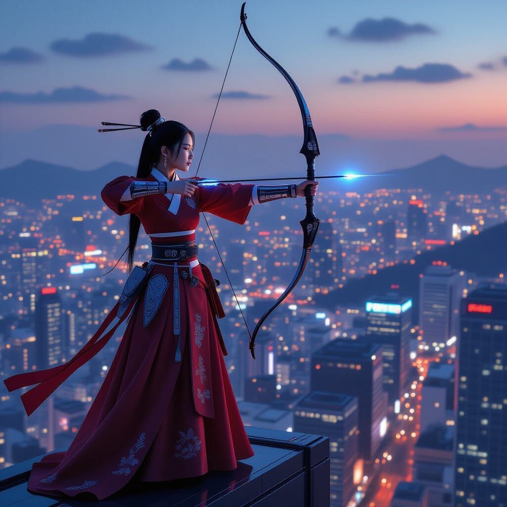 Futuristic Korean Archer Over Neon Seoul in Cyberpunk Style