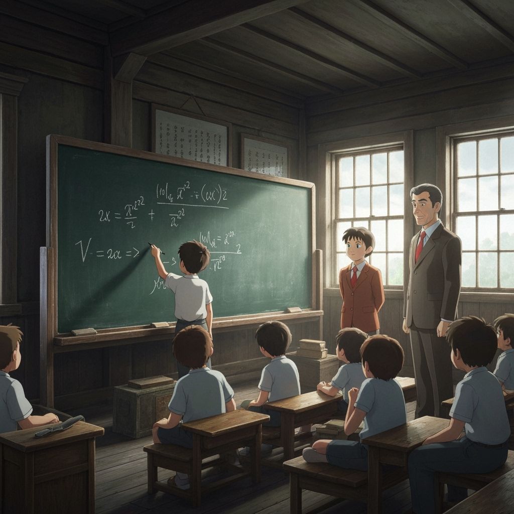 Boy Solves Math Equation in Ghibli Style Schoolhouse