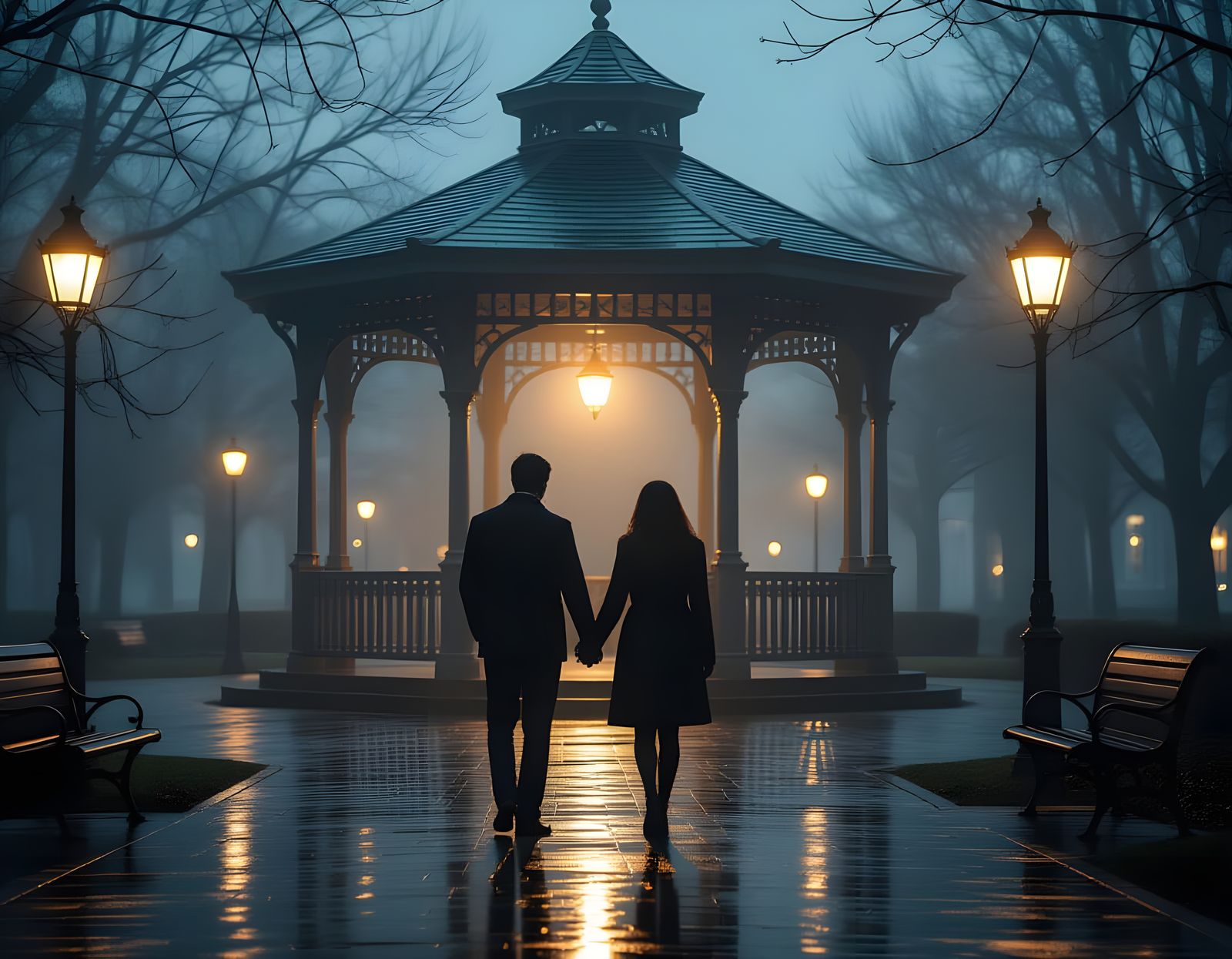 Vintage City: Couple in Gazebo, Moody Film Style