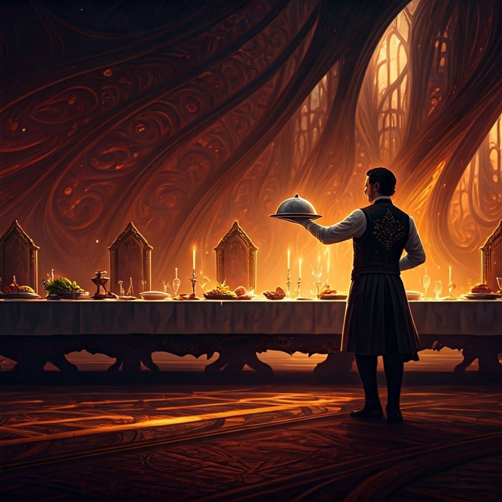 Mystical Dining Hall: Waiter Serving Ornate Dish