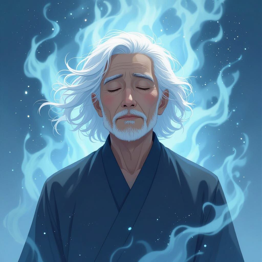 Serene Elderly Man Enveloped in Ethereal Flames: Ghibli Styl...
