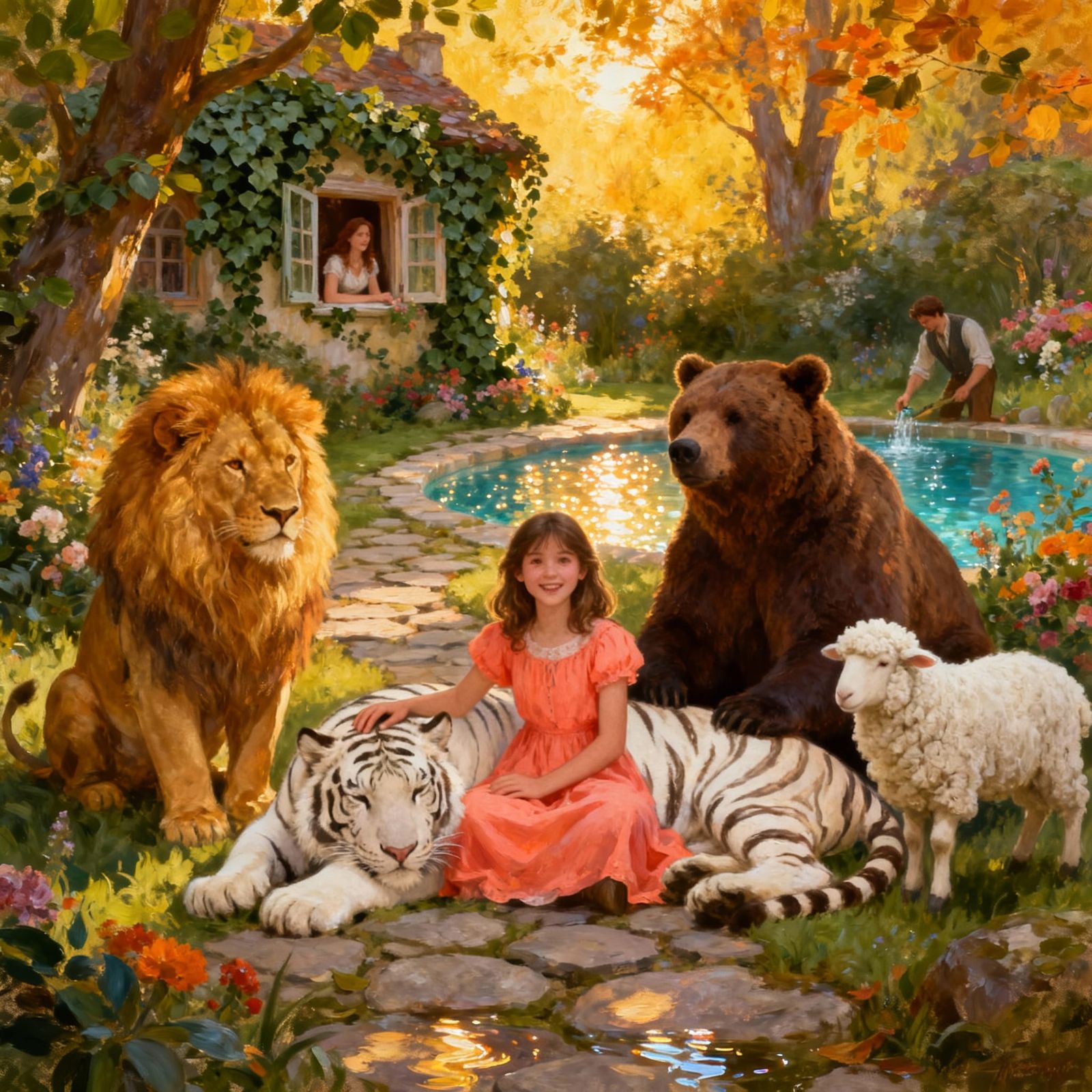 Enchanting Garden Scene with Girl and Animals at Golden Hour