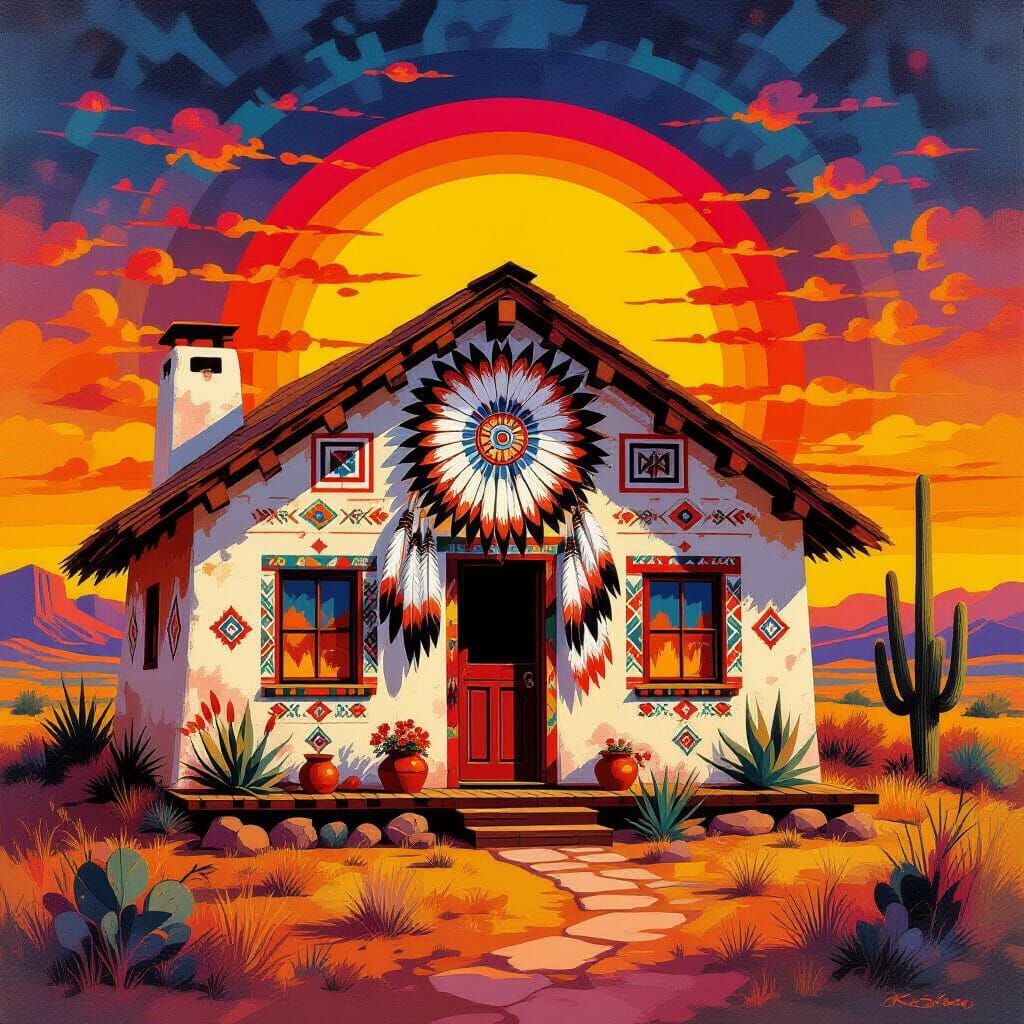 Vibrant Native American House with Sunset Backdrop