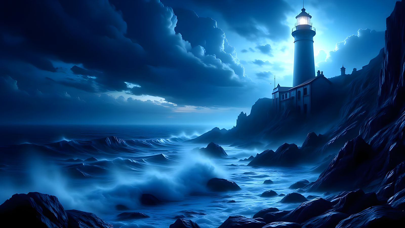 Dramatic Lighthouse on Cliff at Night, Photorealistic Style