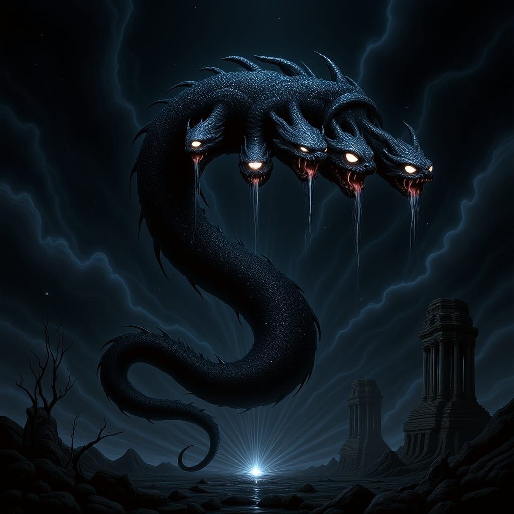 Cosmic Nine-Headed Serpent Devouring Gods in Surreal Horror