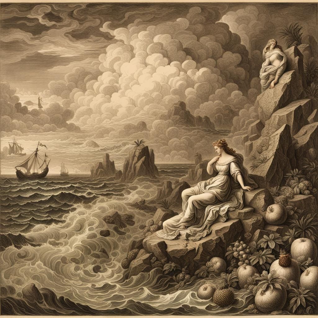 Venus by Stormy Sea: Sepia Engraving in 1600s Style