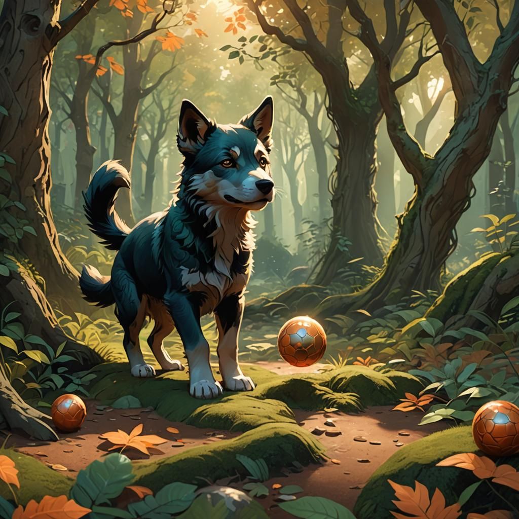 Puppy and Wolf in Mystical Art Nouveau Forest