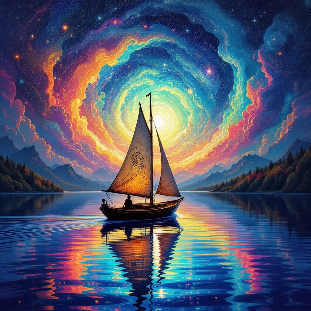 Psychedelic Lake of Light with Rune Boat