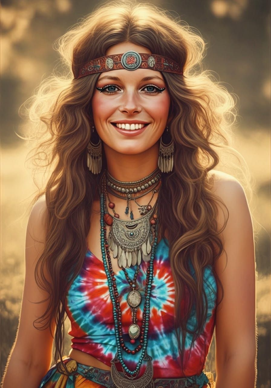 1970s Model in Bohemian Fashion, Hyper-Realistic Detail