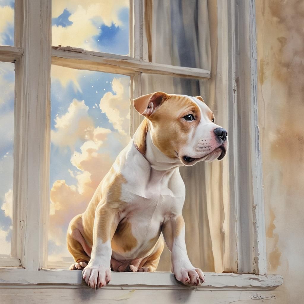 Pitbull Puppy Gazing Skyward: Watercolor Painting