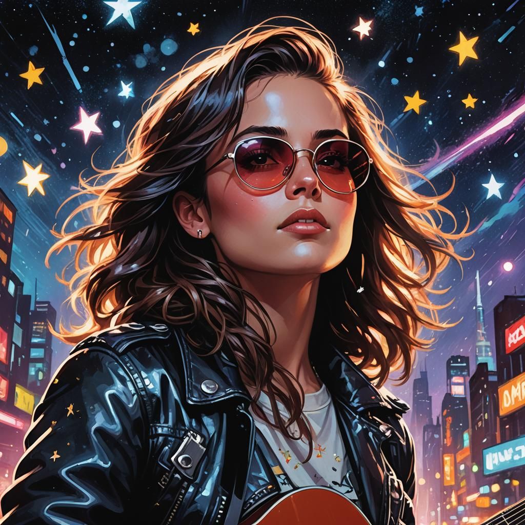 Comic Book Portrait: Guitar Heroine Under City Lights
