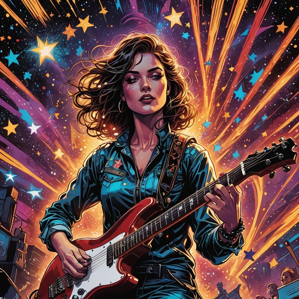 Rockstar Woman Guitar Performance in Comic Book Style