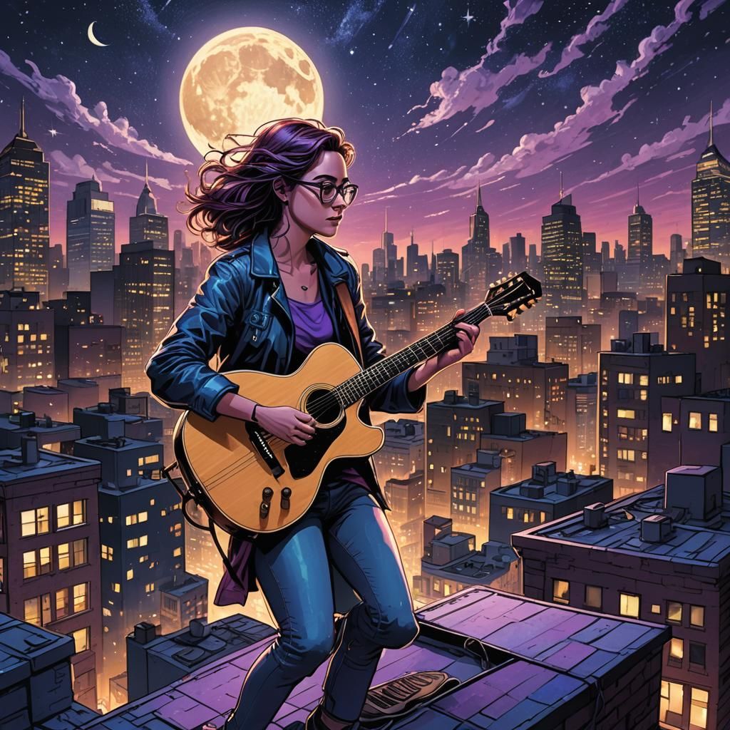Rooftop Guitarist in Comic Book Art Style