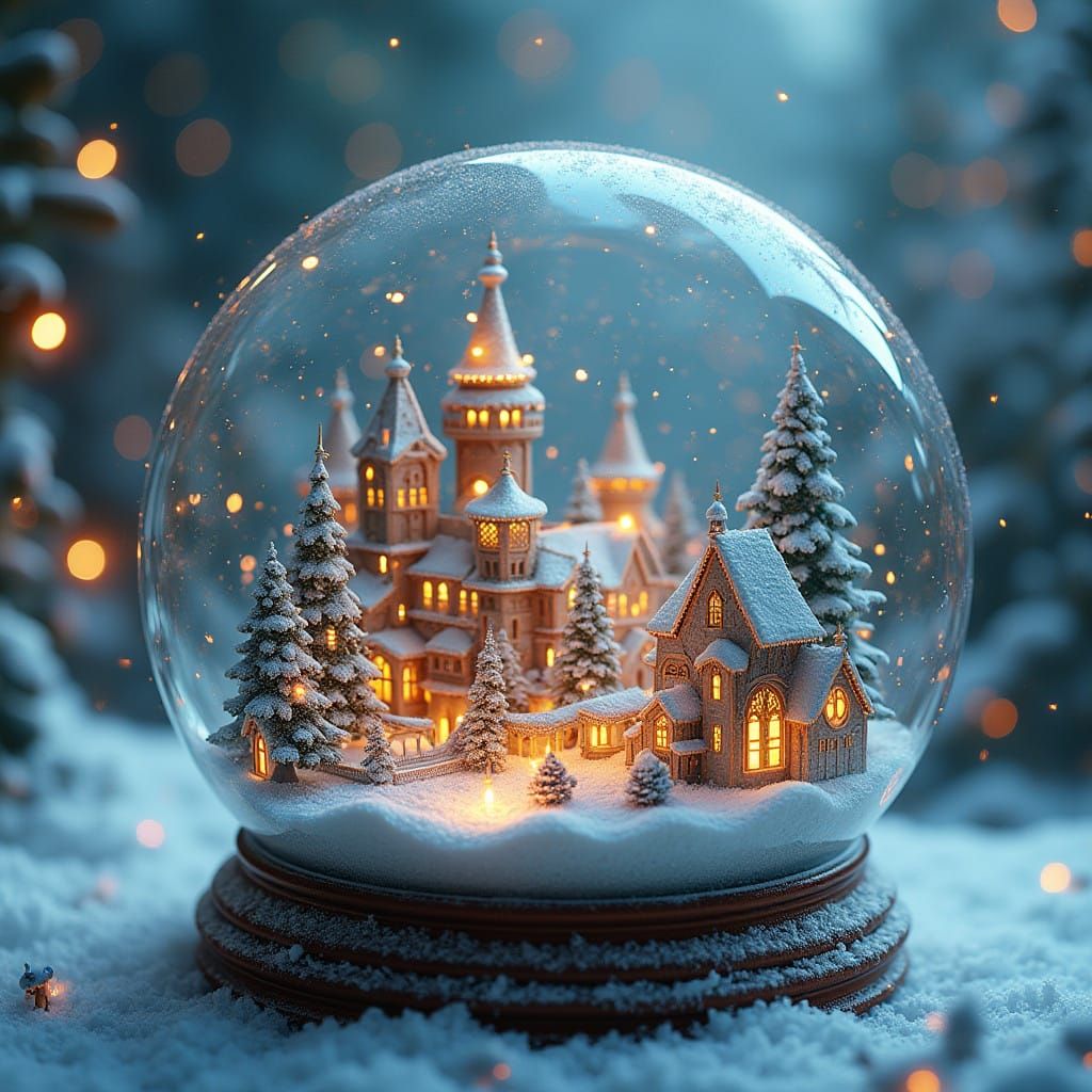 Whimsical Snowglobe Cityscape with Christmas Lights and Icy....