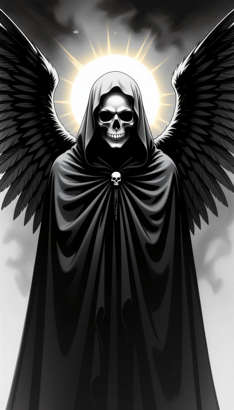 Ominous Winged Figure in Charcoal Drawing Style