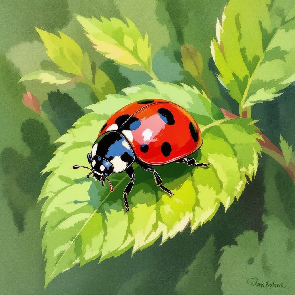 Vibrant Ladybug on Green Leaf, Impressionistic Style