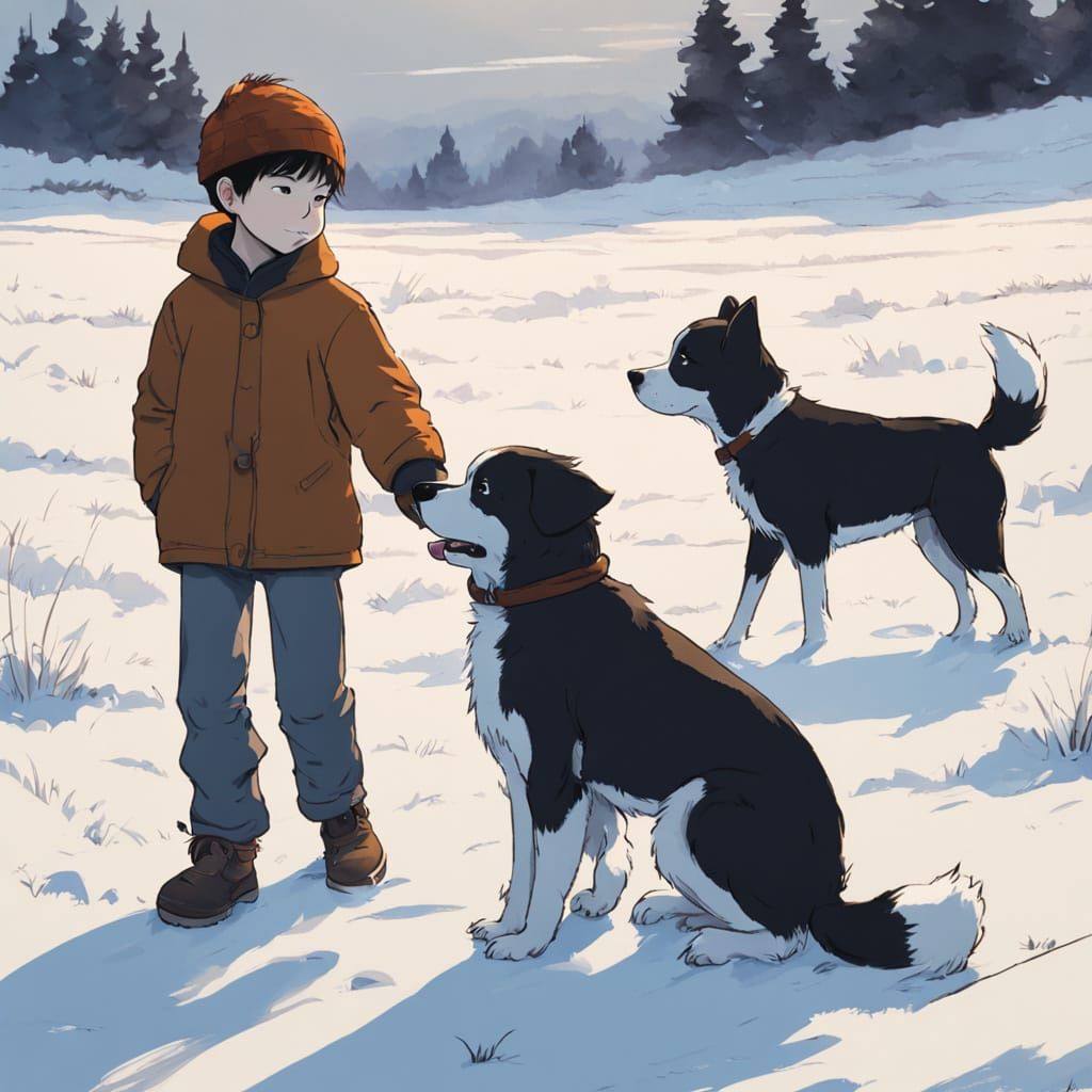Child and Dog Play in Snowy Winter Field Concept Art