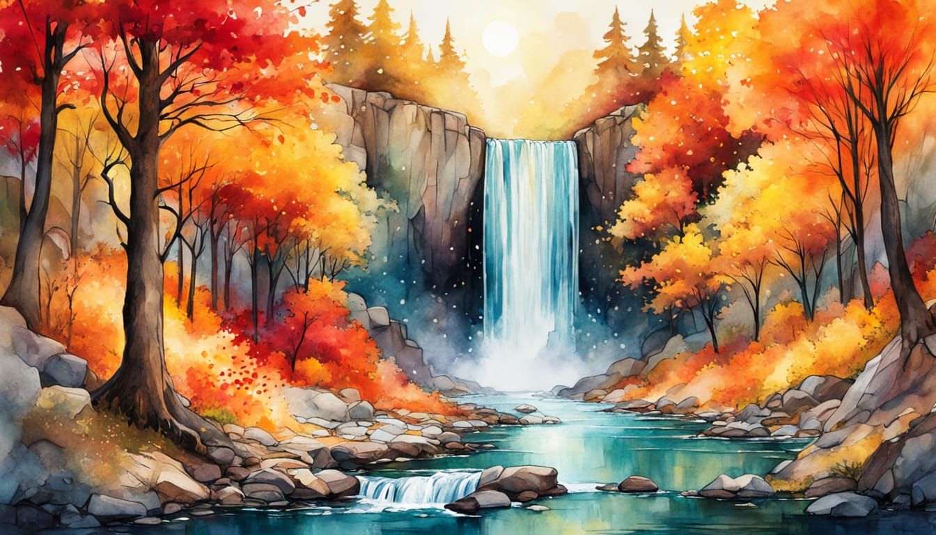 Alcohol Ink Autumn Waterfall in Sunlit Forest Clearing
