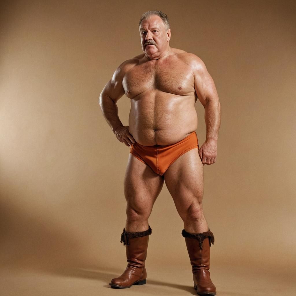 Beefy Wrestler Poses Defiantly in Studio Lighting