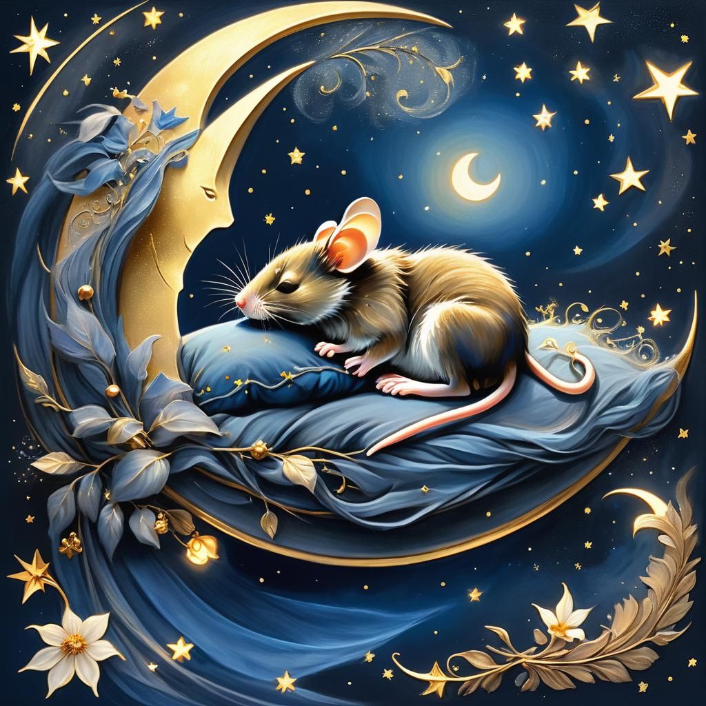 Mouse Sleeping on Crescent Moon Charcoal Drawing