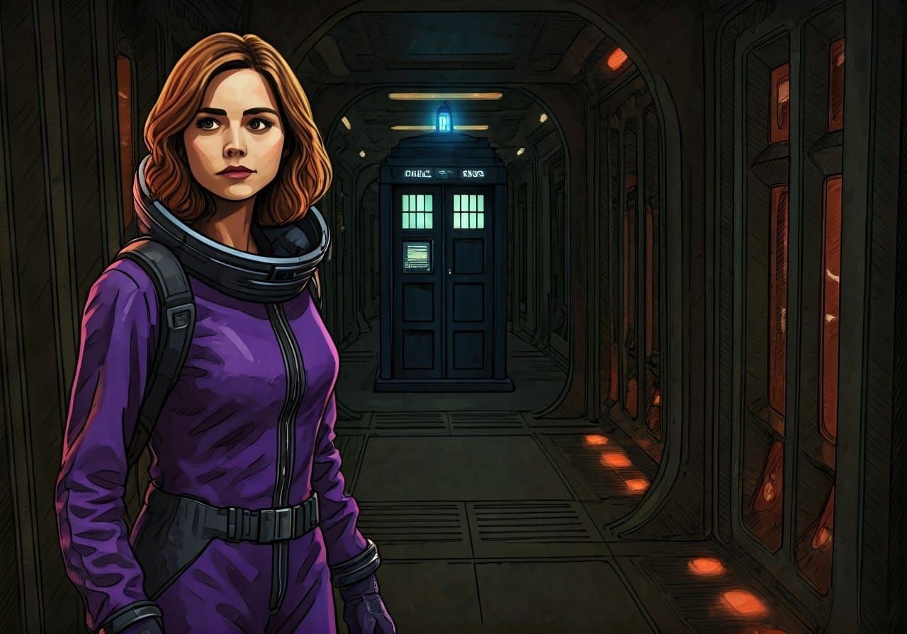 Clara Oswald Exits the TARDIS in a Gritty Sci-Fi Landscape