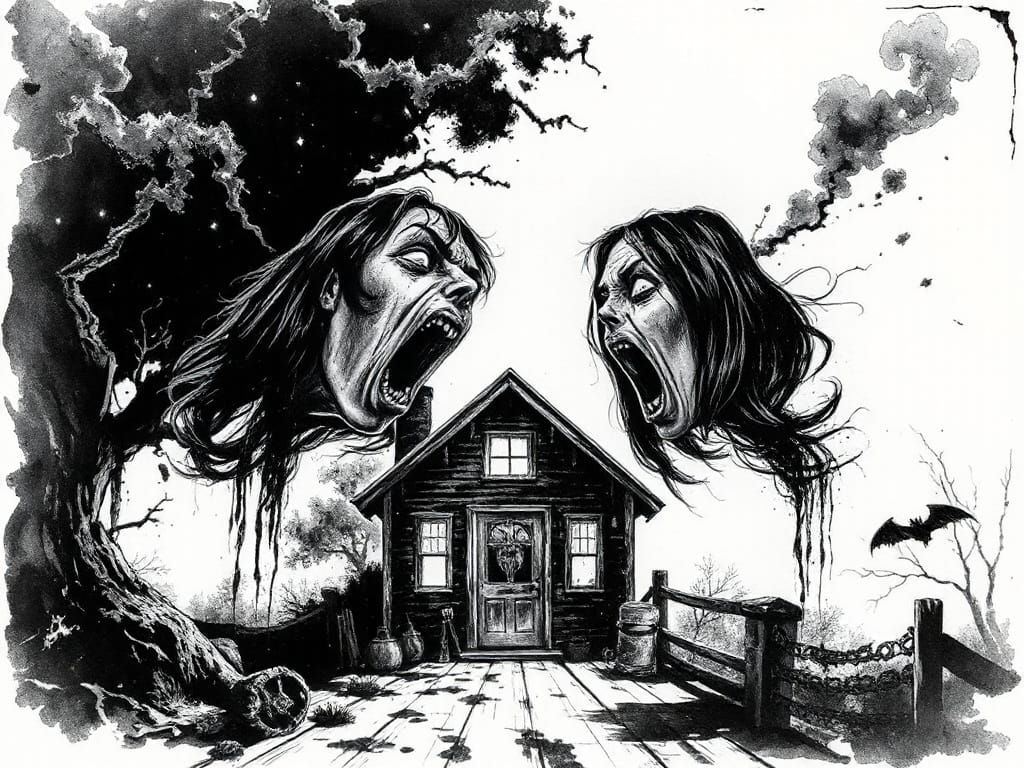 Eerie Horror: Screaming Faces in Ink Wash Illustration