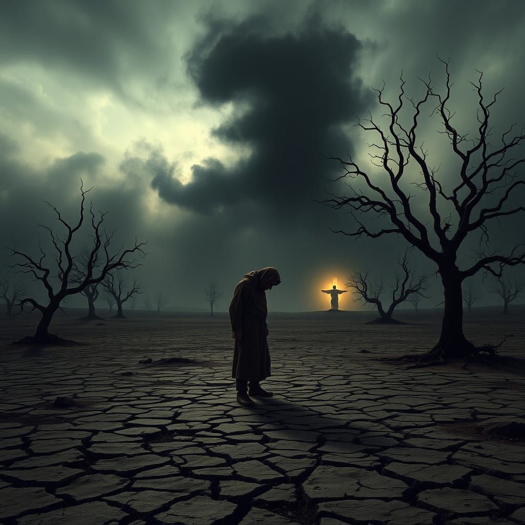 Dark Force of Sorrow Looms Over a Lonely Figure in a Shatter...