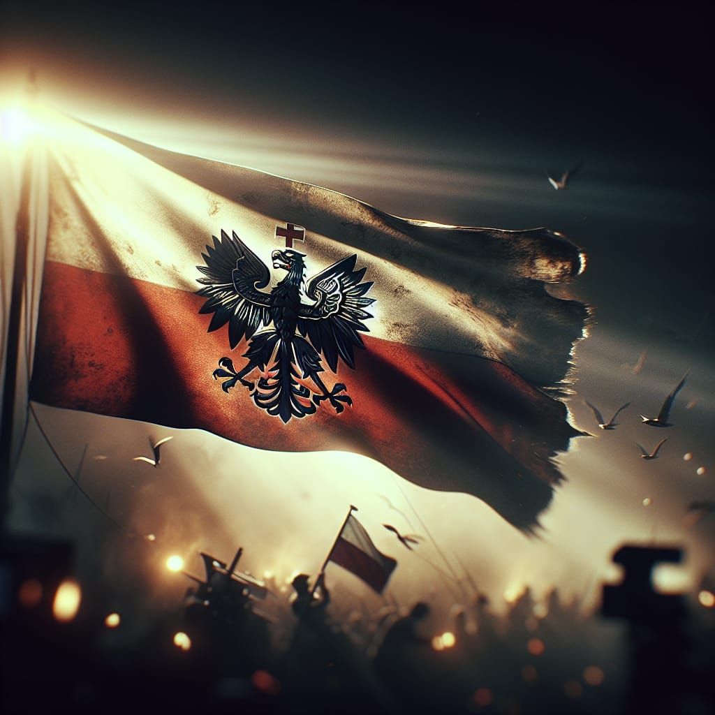 Polish Eagle and Flag with Christian Cross in Film Style