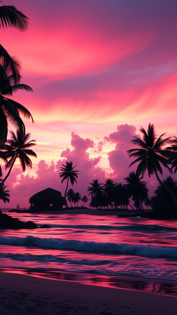 Tropical Sunset Beach with Palm Trees, Cinematic Lighting