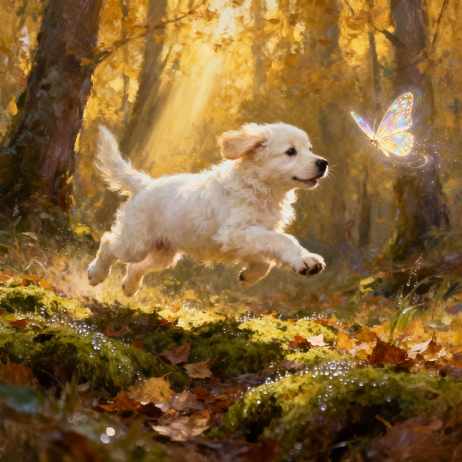 Puppy Chasing Butterfly in Mystical Forest