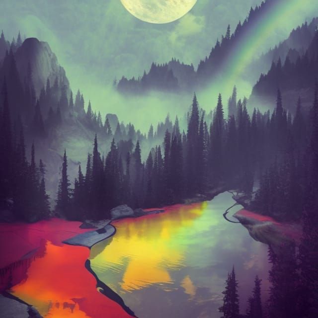 Moonlit Forest with Rainbow River, 3D Digital Art