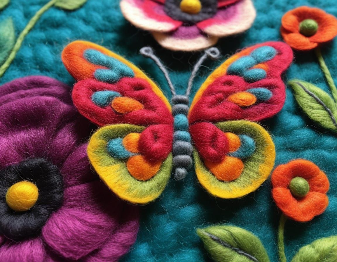 Colorful Felt Butterfly on Poppy, Jackie Cardy Style