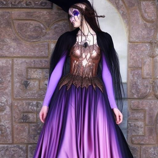 Ethereal gothic rose gold met gala dress with rose gold Silk with vibrant purple accents& cobalt blue accents& long flow...