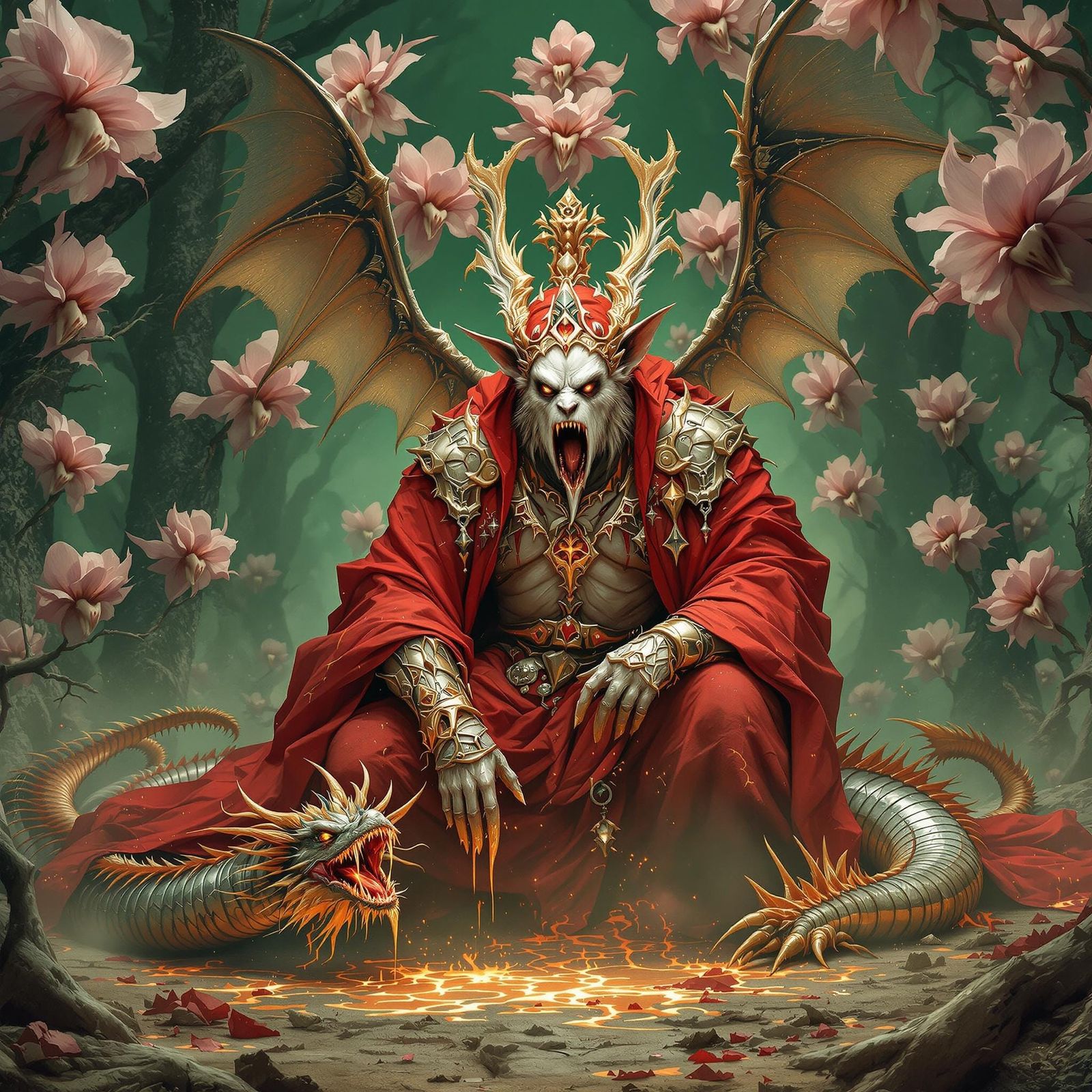 Humanoid Bat-Walrus Emperor with Dragon and Orchid Beings