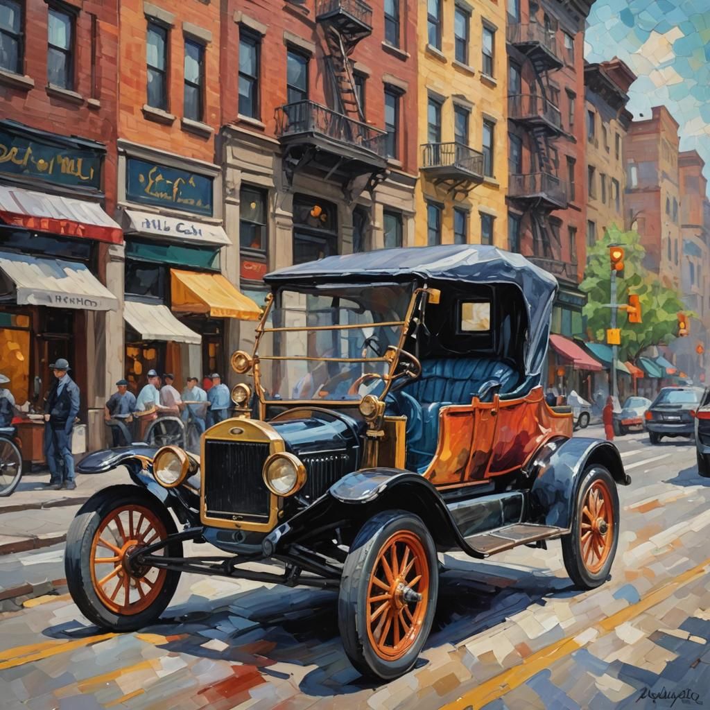 Ford Model T in New York: Neo-Impressionist Oil Painting