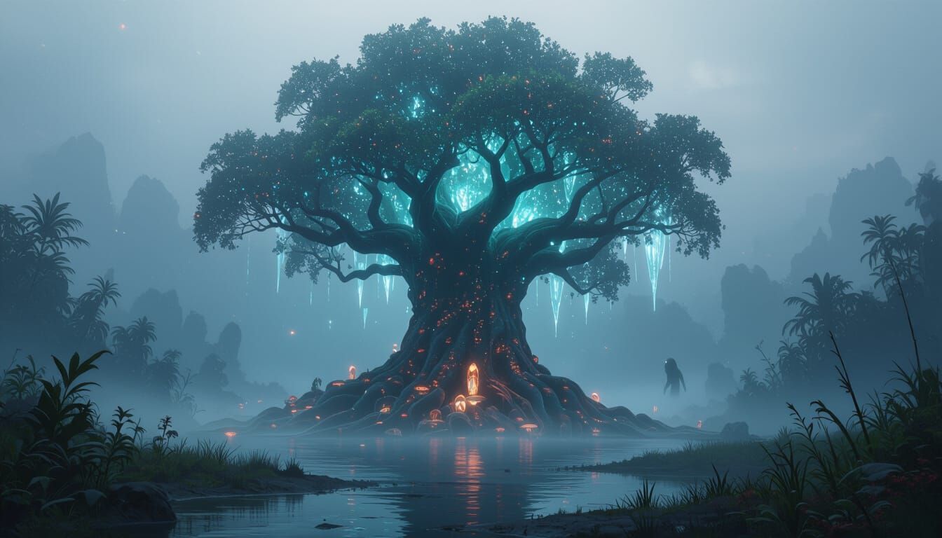 Bioluminescent Tree in Alien Swamp, Digital Matte Painting