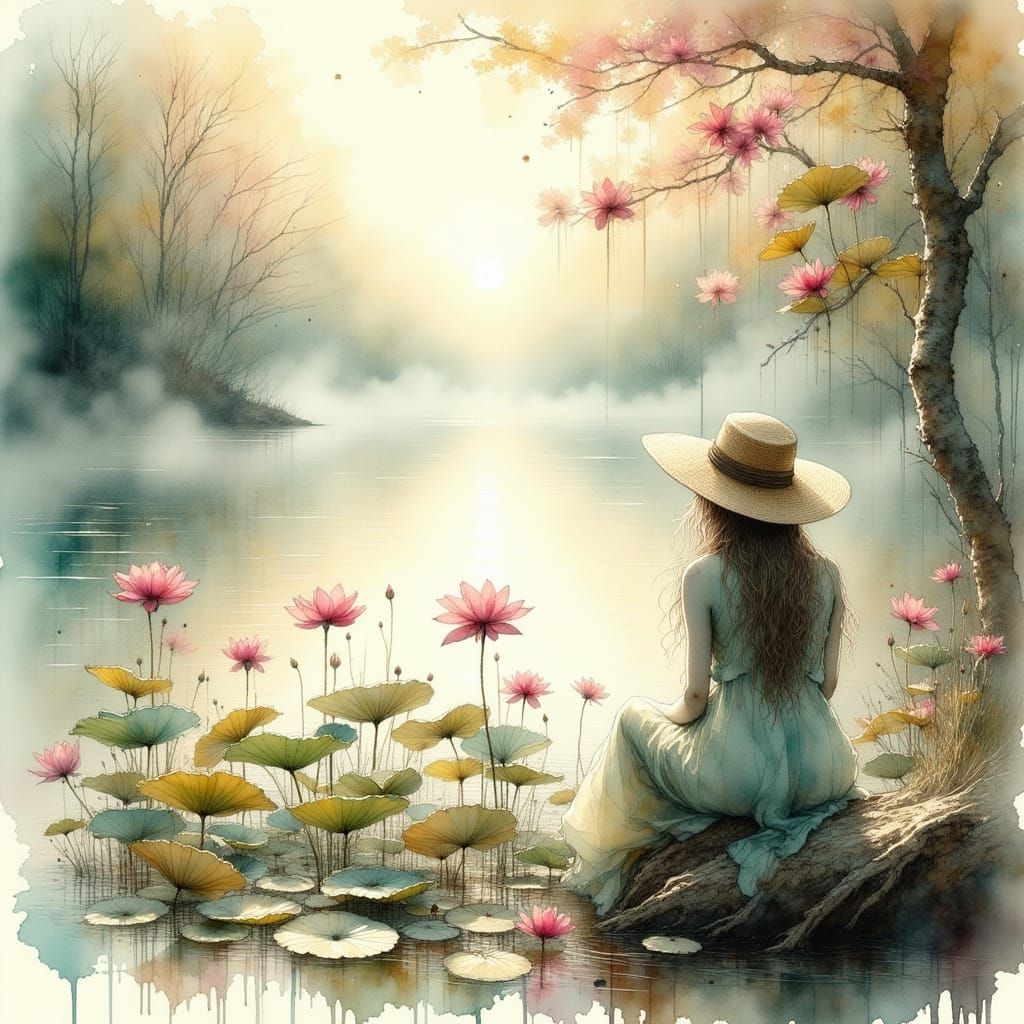Solitary Figure by Misty Lake with Lotus Blossoms