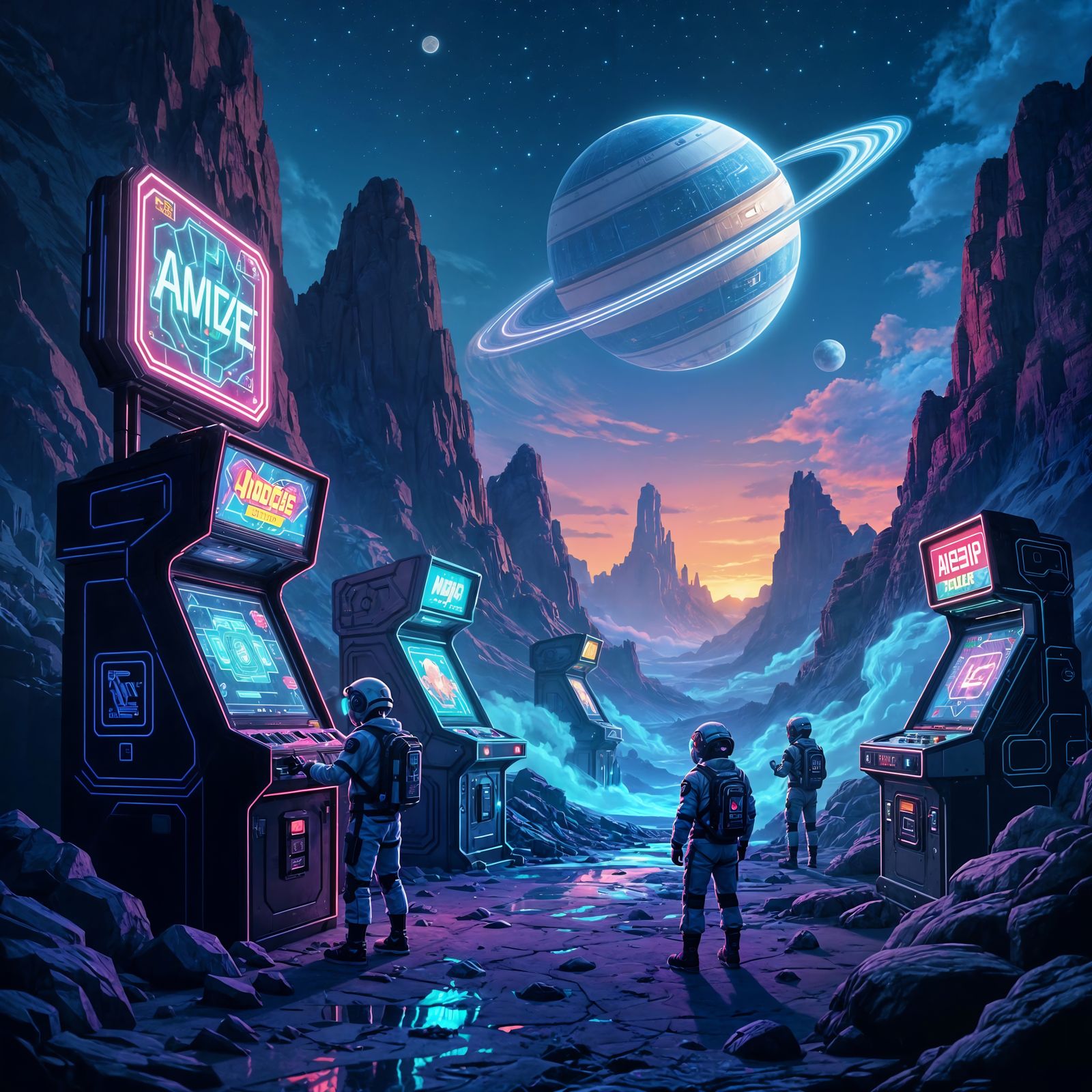 Alien Cyber-Arcade on Rocky Planet with Holographic Games